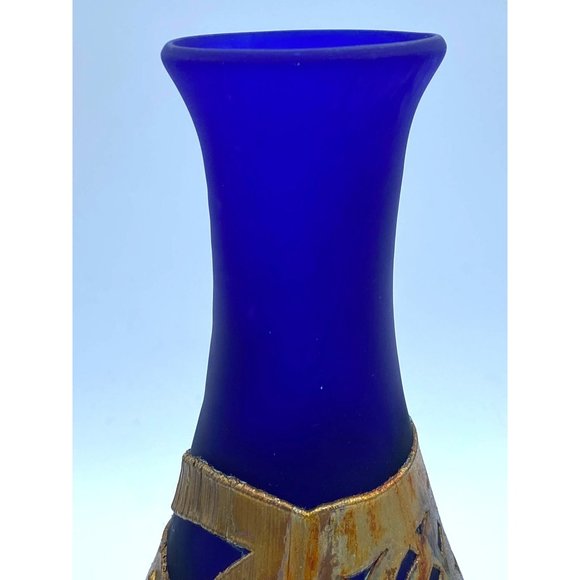 Signed Handblown Cobalt Blue Frosted Art Glass with Golden Metal Wrap Around Dec - Picture 5 of 8